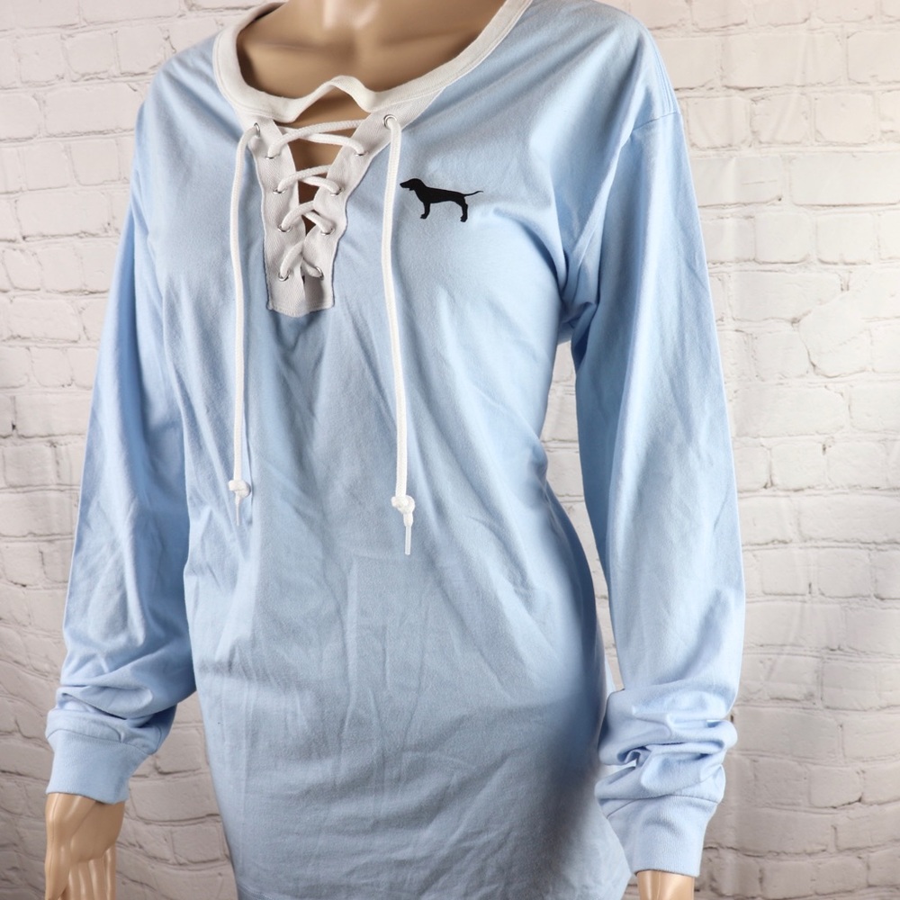 VS PINK Logo Long Sleeve lace up Campus Tee Shirt - Picture 7 of 7